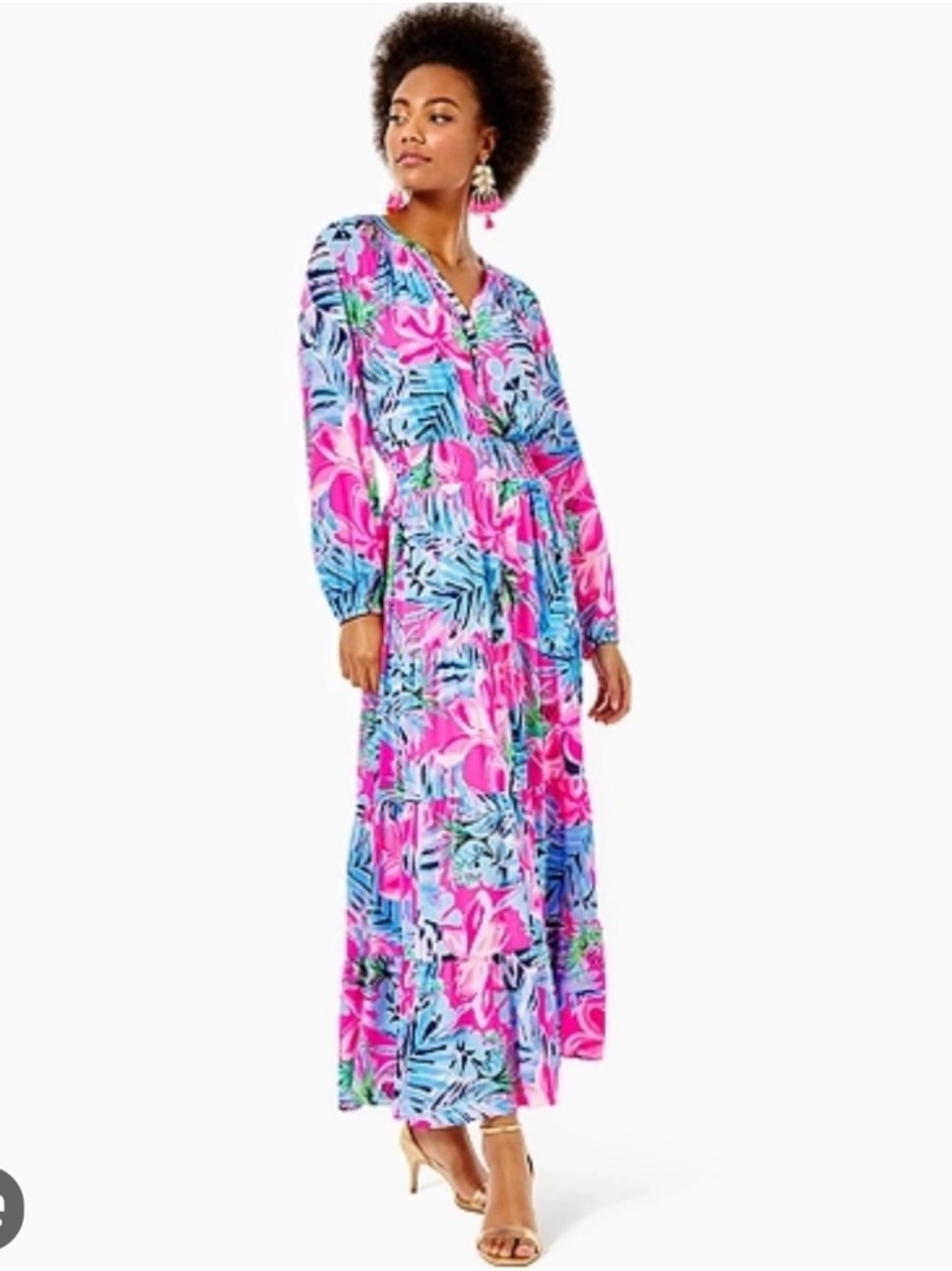 Lilly Pulitzer Pauline Pink Floral V-Neck Maxi Dress with Blue & Green Accents